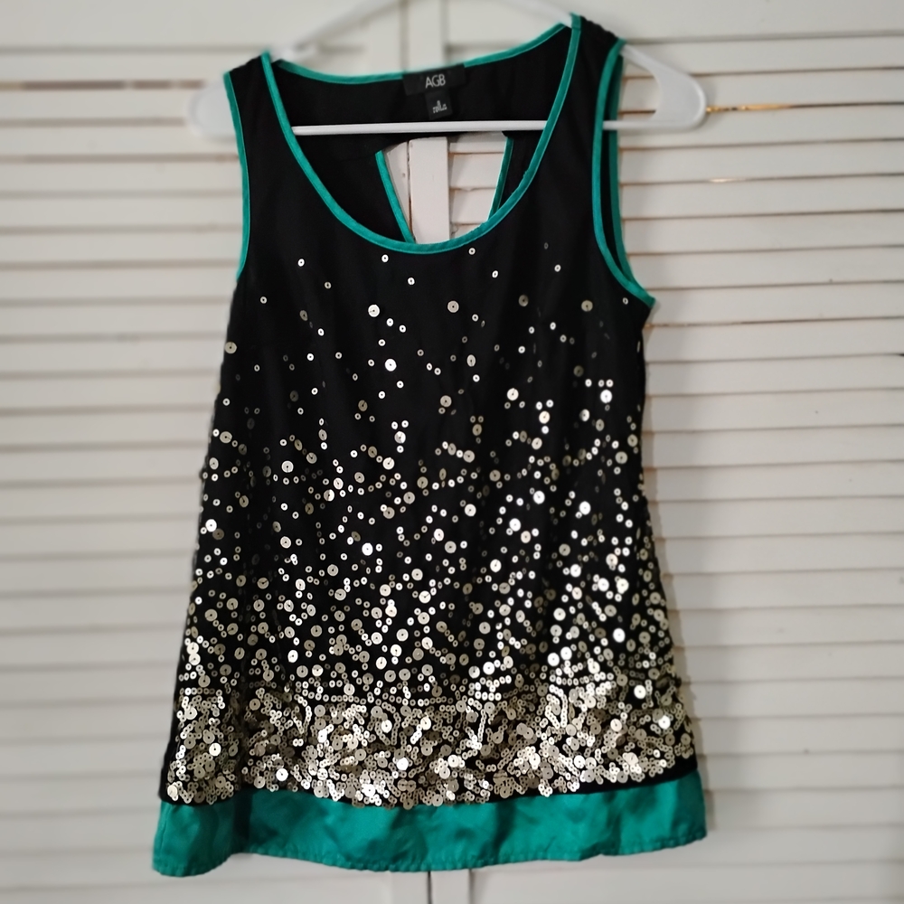 AGB Black and Gold Sequin Kids Dress with Green Trim